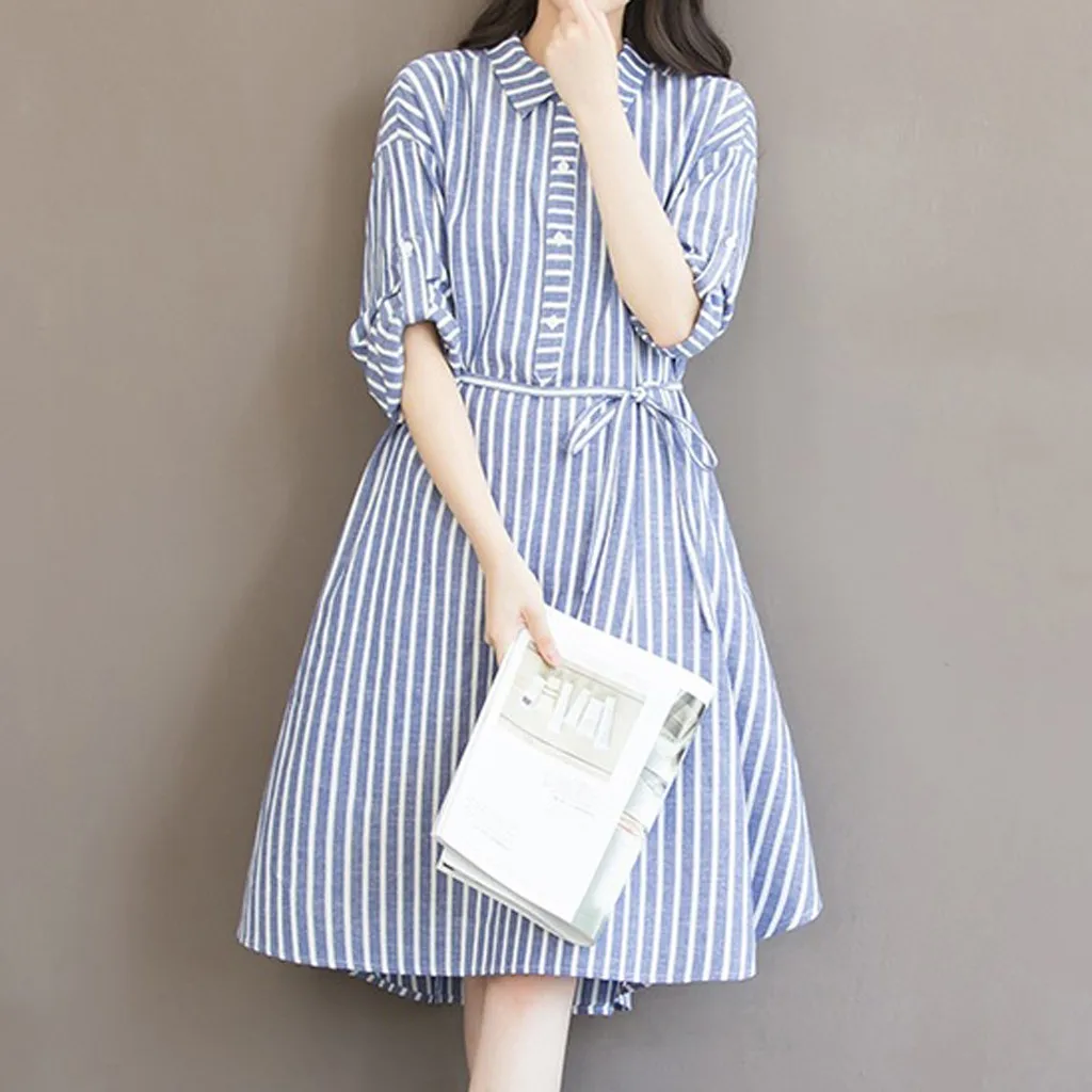 2019 летние женские свободные пляжные платья с талией туника в синюю полоску для