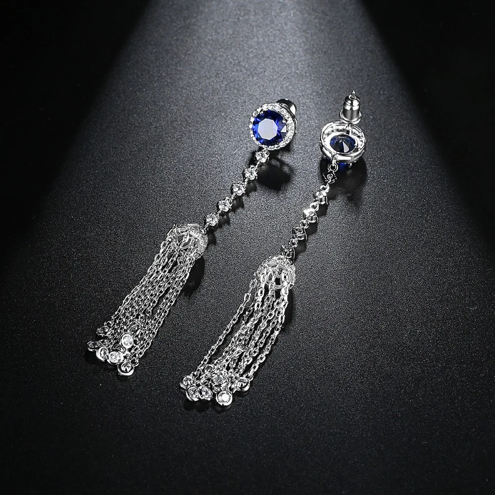 LUOTEEMI Long CZ Chain Tassel Drop Earrings For Women Blue Color Big Large Brinco Statement Bohemian Party Jewelry Colgantes|earrings for|earrings