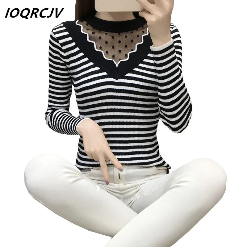 

Autumn and Winter Korean 2019 New Womens Knitted Sweaters Lace Sexy Bottoming Sweater Long Sleeve Stripe Pullover Sweaters S195