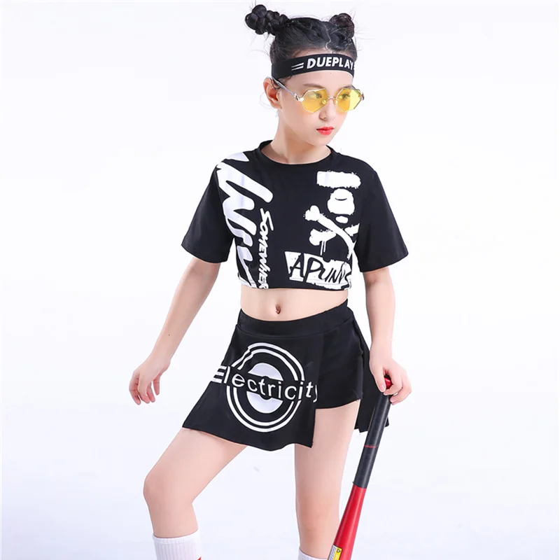 Костюмы в стиле хип хоп для девочек Черный Топ шорты Детская уличная Одежда