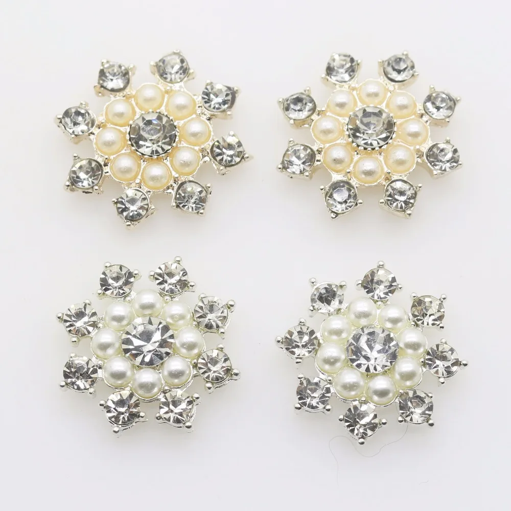 

New Fashion 10 pc / lot Wholesale 25mm Clear Crystal Crystal Pearl Flower Alloy Design Button Wedding decoration.