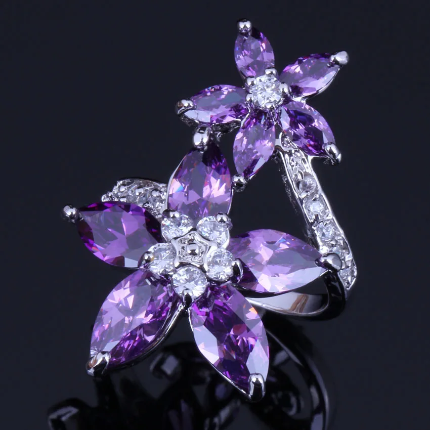 

Glamorous Star Purple Cubic Zirconia White CZ Silver Plated Ring V0514