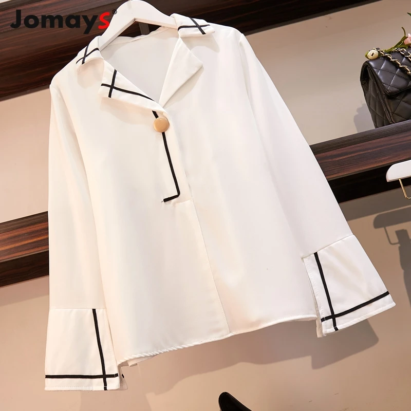 

Jomays Fashion White Elegant Office Lady Acrylic Shirt Bell Sleeve Workwear Casual Spring Autumn Women's Long Sleeve Blouse