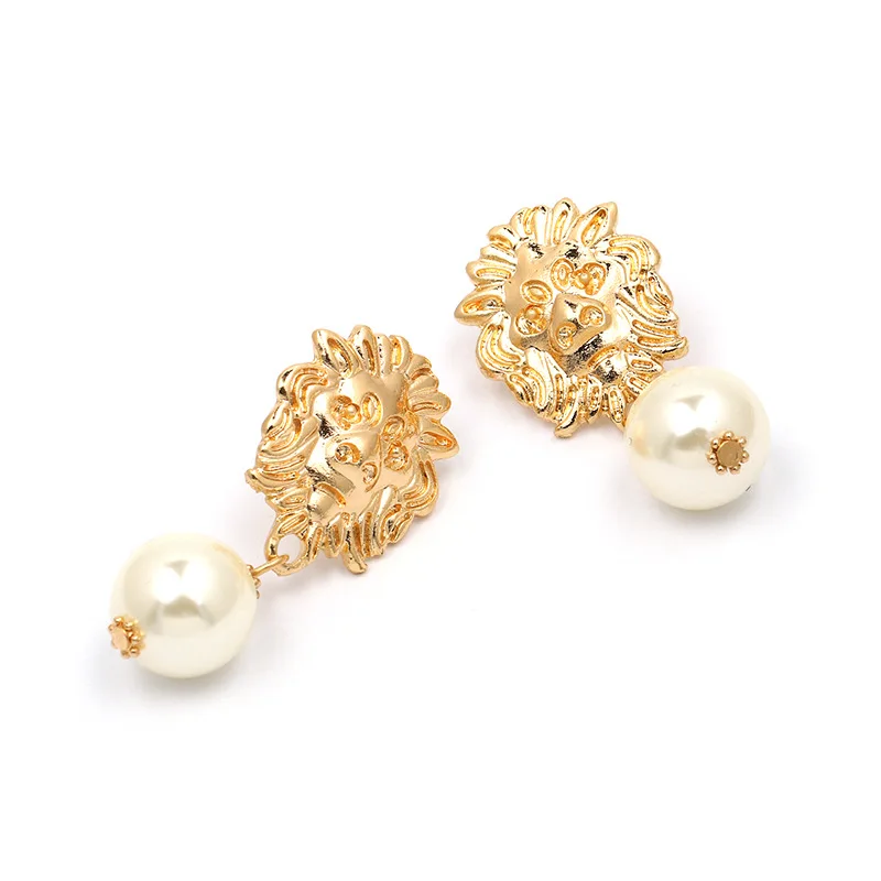 

Vintage Lion Head Pearl Drop Earrings for Women Trendy Gold Lion Head Big Dangle Earring Metal Baroque Ear Fashion Jewelry 2019