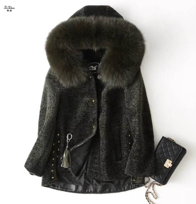 ZiZhen Winter Warm Women's Real Natural Sheep Shearling Fur Coat Wool Solid OverCoat With Fox Tirm Hood 180718-5 | Женская одежда