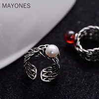 925 sterling silver retro three tier chain red garnet pearl open adjustable ring women thai silver vintage gift