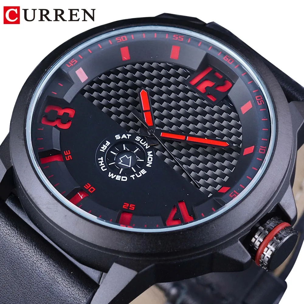 CURREN 2017 черные красные модные гоночные дизайнерские часы с календарем и