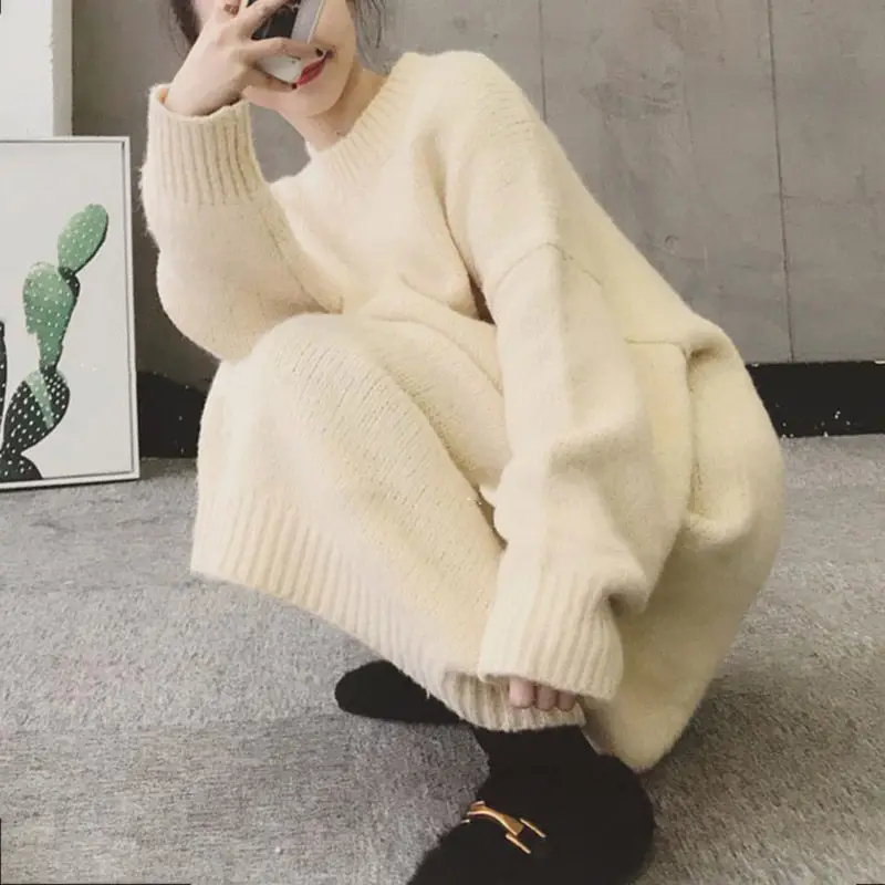 

Korean Loose Long Section Warm Knitted Dress Woman Winter Thick Mohair Casual Pullover Jacket Autumn Knitwear Vestidos Top f1136