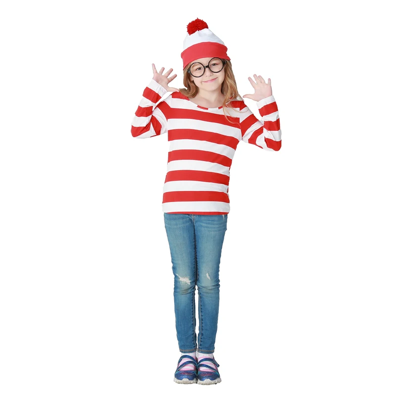 Детская где Уолли смешно и фантазии Костюмы для косплея красные белые полоски