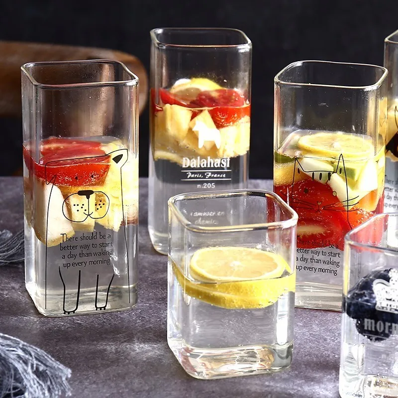 Simple Lovely Animal Cartoon Heat-resistant Square Creative Transparent Milk Coffee Office Glass Juice Cup Bodum Glasses Gift |