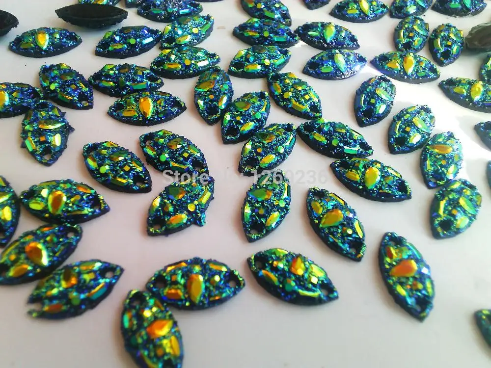 Бесплатная доставка синий/желтый цвет AB стразы из смолы для шитья 9*18 мм в форме