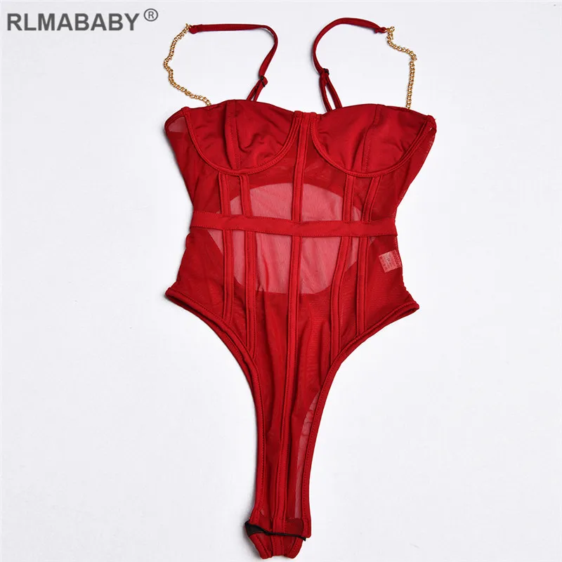 RLMABABY летние металлические цепи ремень сексуальное боди сетка Для женщин See Through спинки Bodycon комбинезон Повседневное Beach боди