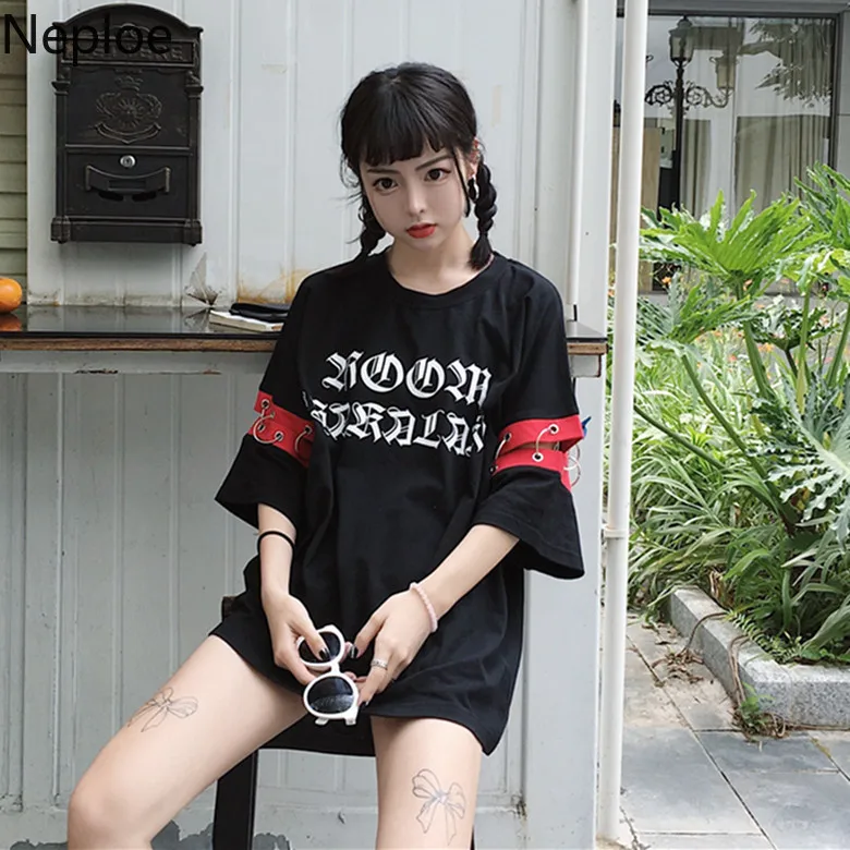 Neploe летняя черная женская футболка японский Harajuku Готический Стиль Повседневная футболка Топы с принтом букв кольцо дизайн женские футболки 39063