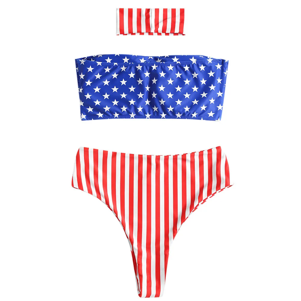 ZAFUL Женские Купальники Sexy American Flag Пляжная Одежда Высокая Талия Колье Bandeau Бикини