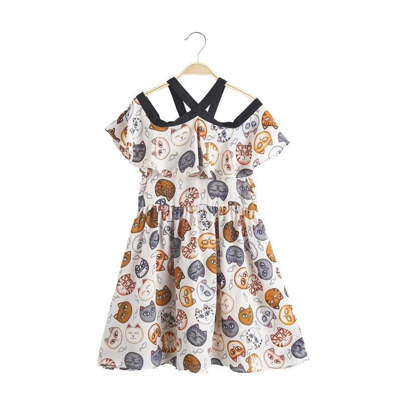 

Girl summer fashion dress Girl off-the-shoulder cotton dress Girl cartoon pattern cozy dress Girl sweat-absorbent dress