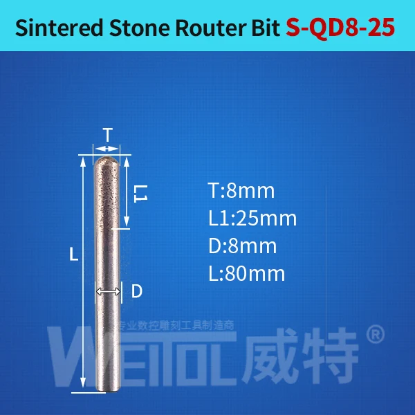 S-QD8-25 Weitol 1 шт. 6 мм/8 мм хвостовик спеченный камень фрезы шариковый нос плоская головка алмазные ЧПУ Инструменты для резьбы по граниту мрамору - Длина режущей кромки: S-QD8-25
