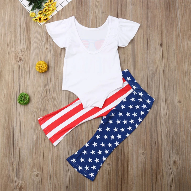 

2019 Toddler Kid Baby Girl Printed White Short Sleeve Romper Long Pants Outfit Set Independence Day Clothes