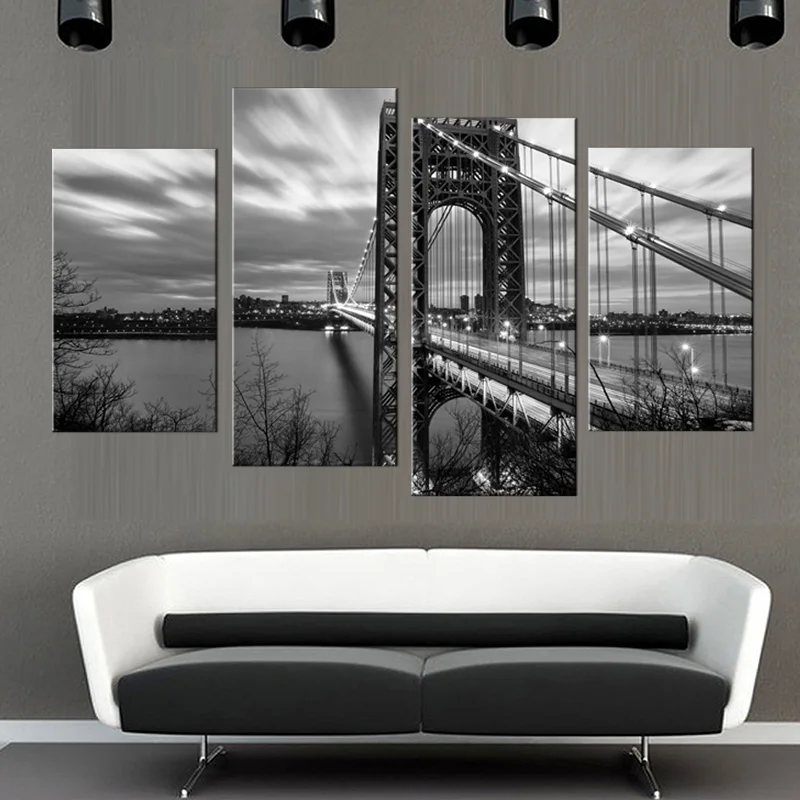 4 панели большой железный мост пейзаж живопись роспись художественное украшение