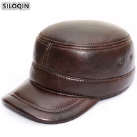 siloqin adjustable size mens flat caps with ears womens military hats brand genuine leather hat autumn winter cowhide warm cap