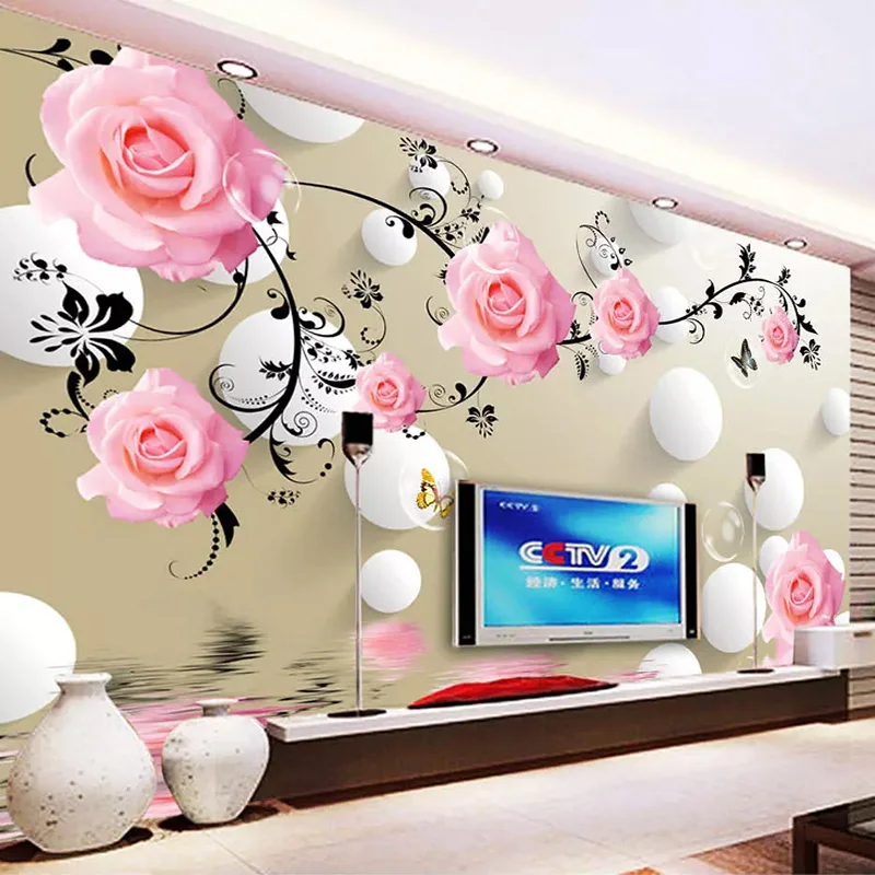 3D обои современные розовые цветы стерео шары фото Настенные гостиная ТВ диван