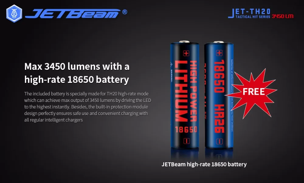 Тактический фонарь JETBeam TH20 светодиодный CREE XHP70.2 светодиодный Макс. 3450 лм дальность луча 320 метров+ 2600 мАч высокая скорость 18650 батарея