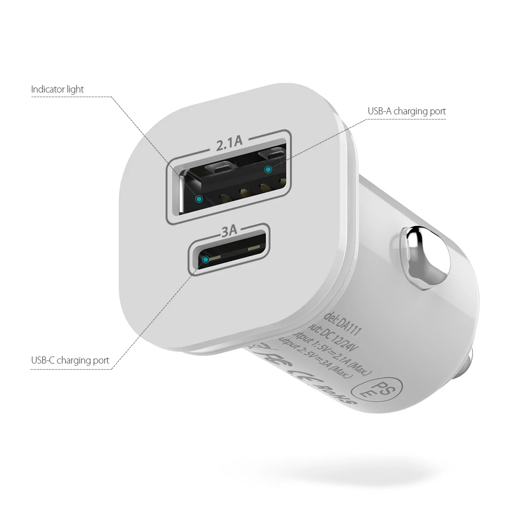 Компактное двойное зарядное устройство с портом USB Type C и стандартным A для