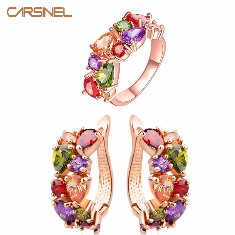 Роскошные Цветные яркие свадебные ювелирные наборы CARSINEL серьги и кольцо цвета