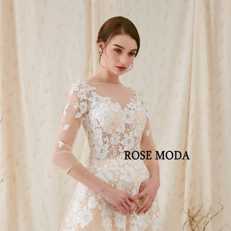 Розовое Moda французское кружевное свадебное платье с длинными рукавами бежевый свадебный наряд с белые кружева с аппликацией реальные фотографии
