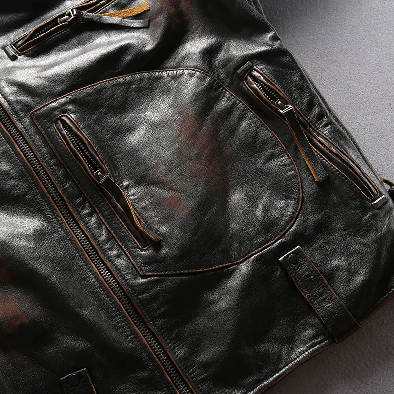 Мужская байкерская куртка из коровьей кожи черная приталенная винтажная