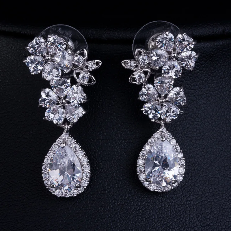 Милые серьги в форме сердца с цветком прозрачные длинные серьги-капли фианитами