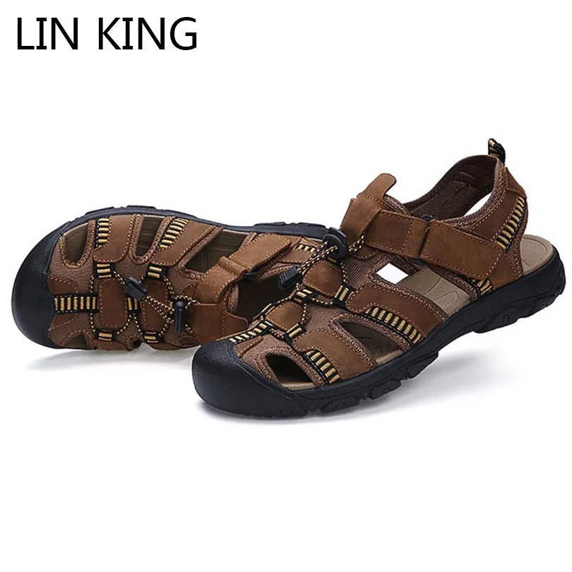 LIN KING/большие размеры; однотонные мужские босоножки из натуральной кожи; мужские стильные летние пляжные туфли; модные открытые сандалии на мягкой подошве для мужчин