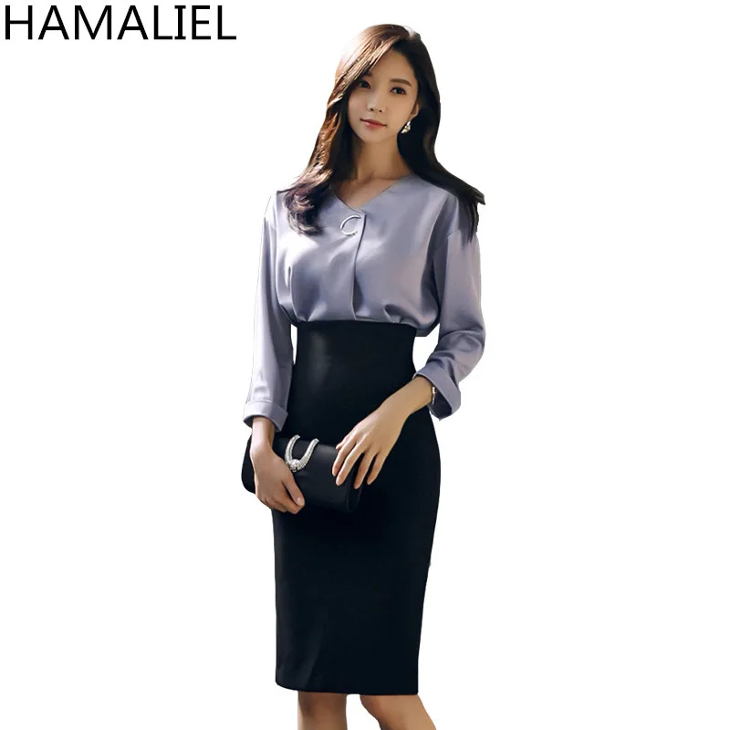 HAMALIEL деловая Корейская 2018 женская осенняя свободная однотонная блузка + черная
