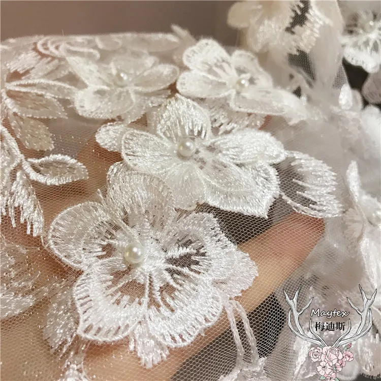 1 ярд 3D жемчужные бусины Цветочная кружевная отделка белого цвета Швейные