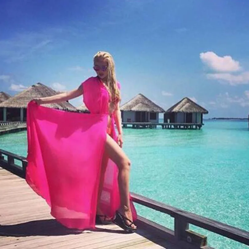 Hot Pink No Sleeve Один размер пляжа пикники Cover up шифон халат Plage Карамельный цвет кафтан платье парео для Для женщин Пляжная туника Саронг купальник - Цвет: Hot Pink No Sleeve