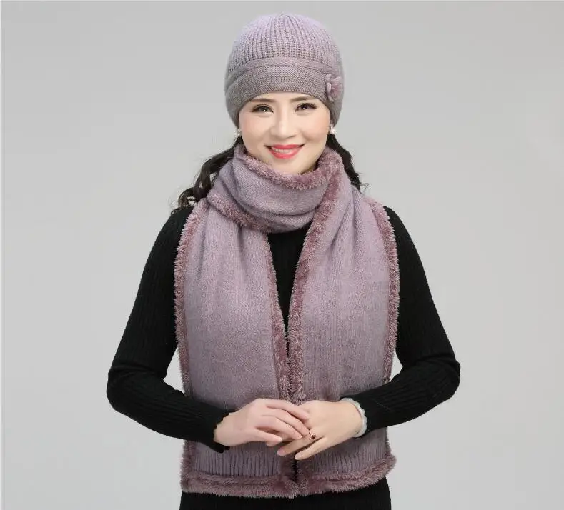 PurplB Мужские шапки-бини среднего возраста, женские зимние Бархатные вязаные шапки, подарок на день рождения матери, удобный мягкий женский шарф H7163 - Цвет: PurplB