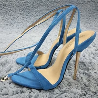 women stiletto thin iron high heel sandals sexy ankle strap buckle open toe sky blue suede party bridals ball lady shoes 3845 i5