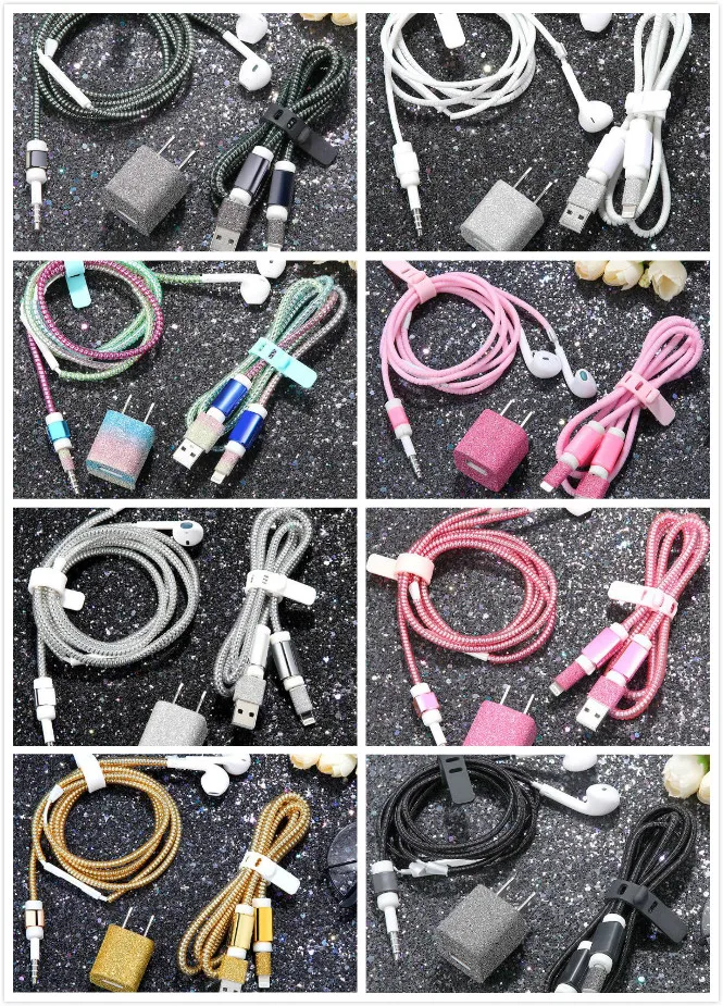 Free 10 Sets Bling Bling DIY Wire Rope Protection Suit Spring Earphone Cable Cord Set DIY Charger Sticker for Cell Phone iPhone