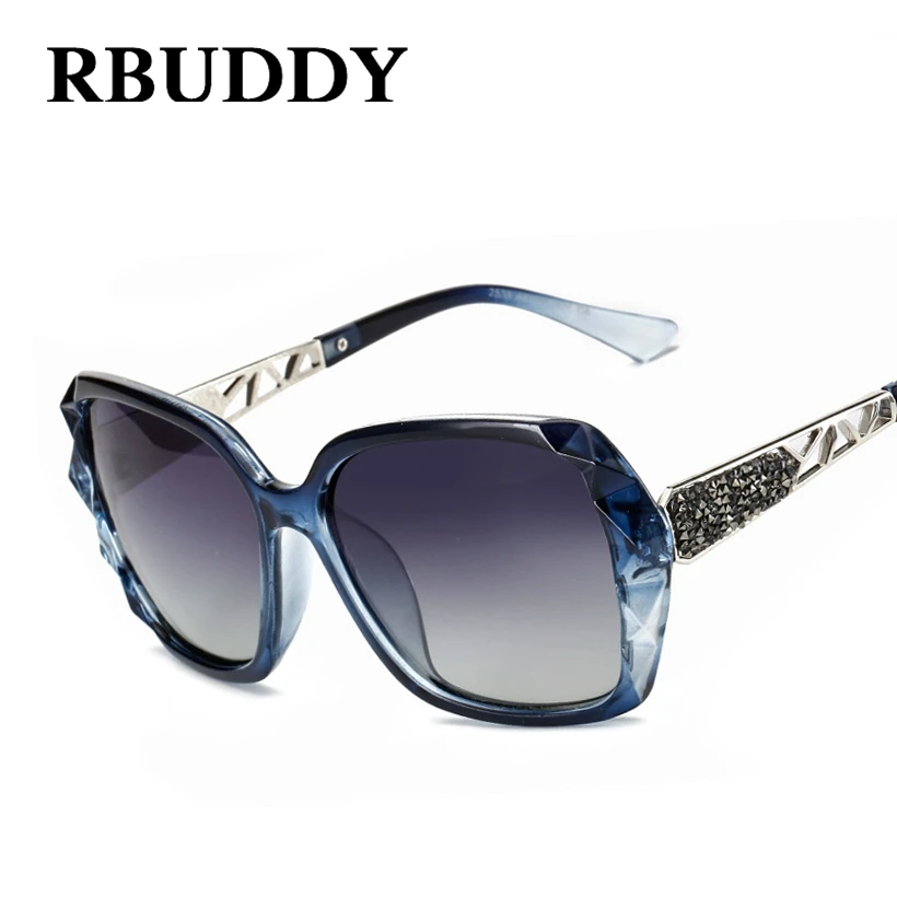 RBUDDY Поляризованные солнцезащитные очки женщин Rhinestones Square Зеркало негабаритных