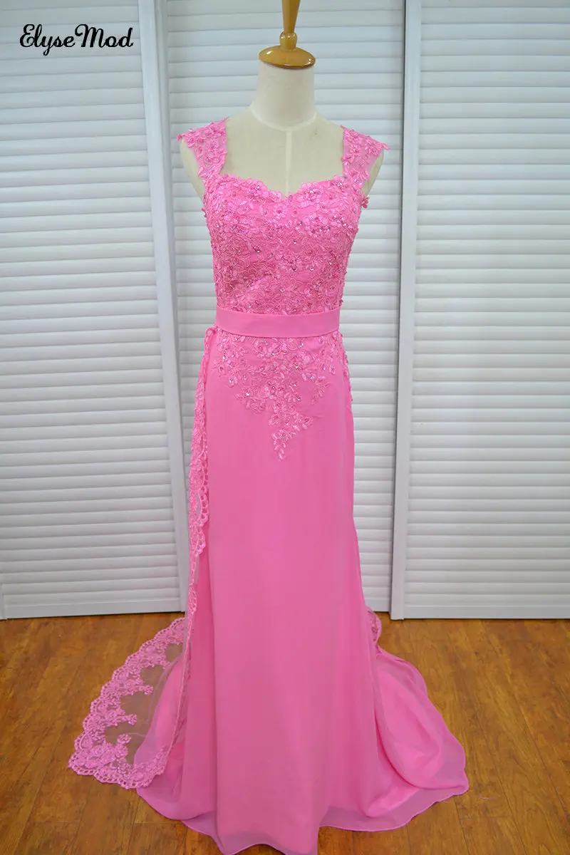 

VInoprom Cap Sleeves Fuchsia Fuchsia Applques Ladies Evening Dresses Beaded Prom Gown