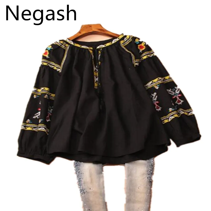 Negash Новая женская этическая блузка цветочный узор вышивка рубашка Blusa Bohemia дамы OL