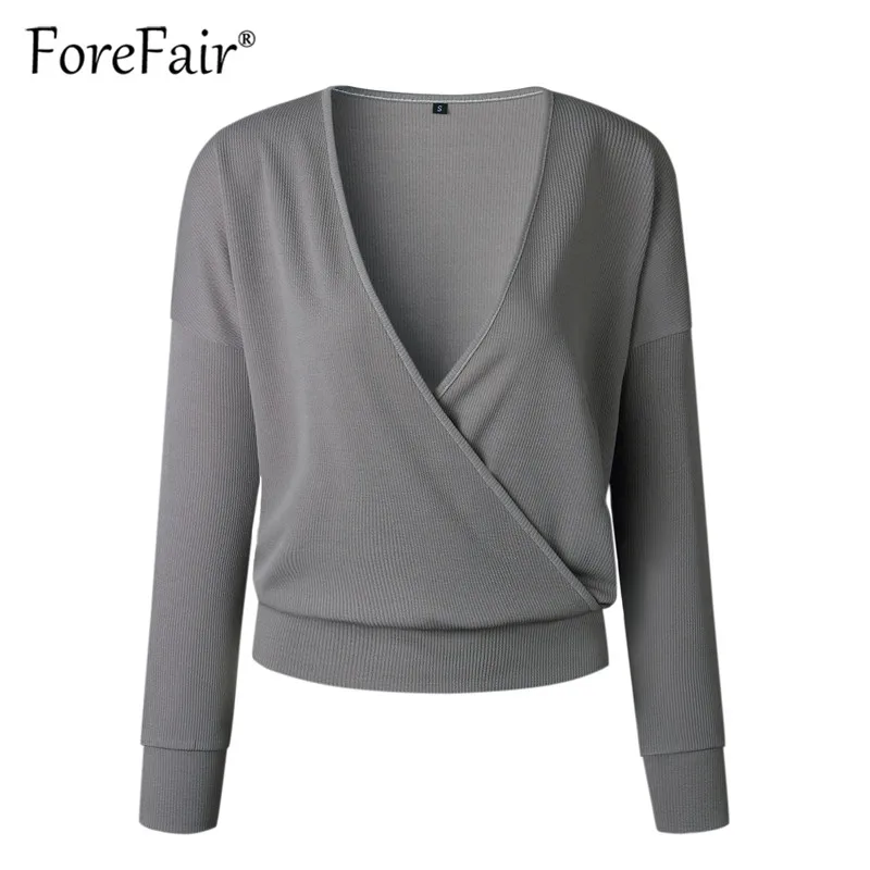 Серый Forefair, трикотажная футболка, Женский Топ, осень, крест-накрест, v-образный вырез, длинный рукав, футболка, женский трикотаж, повседневные топы, футболки - Цвет: Серый