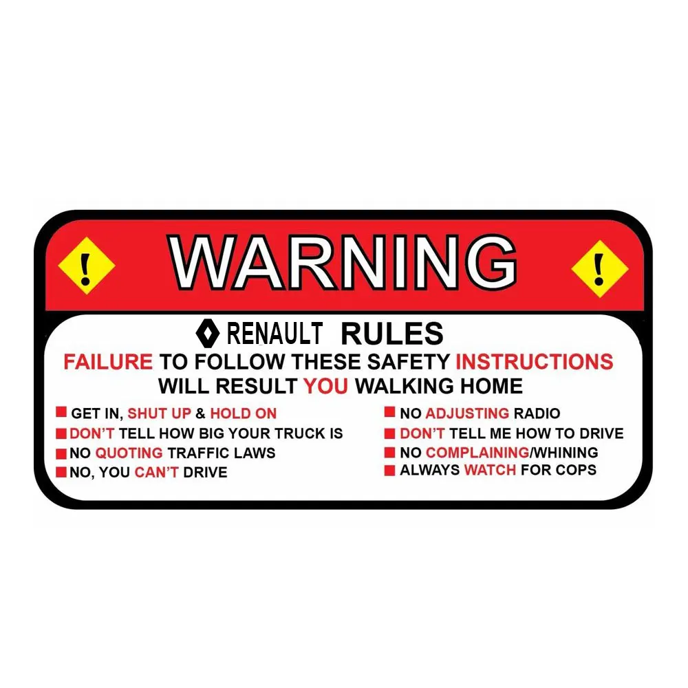 

for renault Rules Warning Safety Instructions Funny Decal Sticker Wrangler Sahara