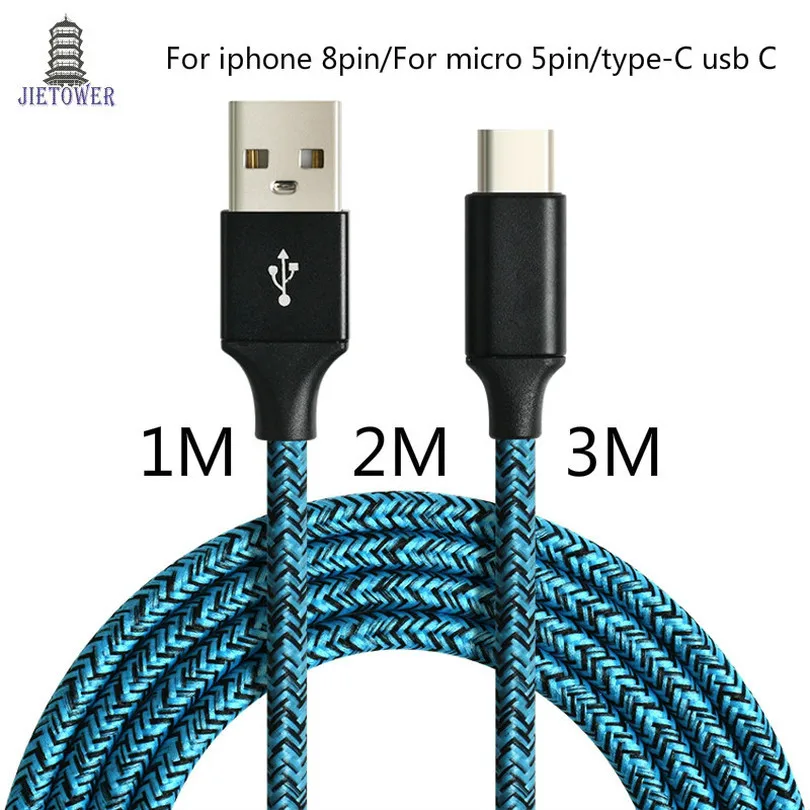 100 шт./лот тканевый нейлоновый Плетеный Micro USB кабель v8 для Samsung 8pin iphone typeC usb c
