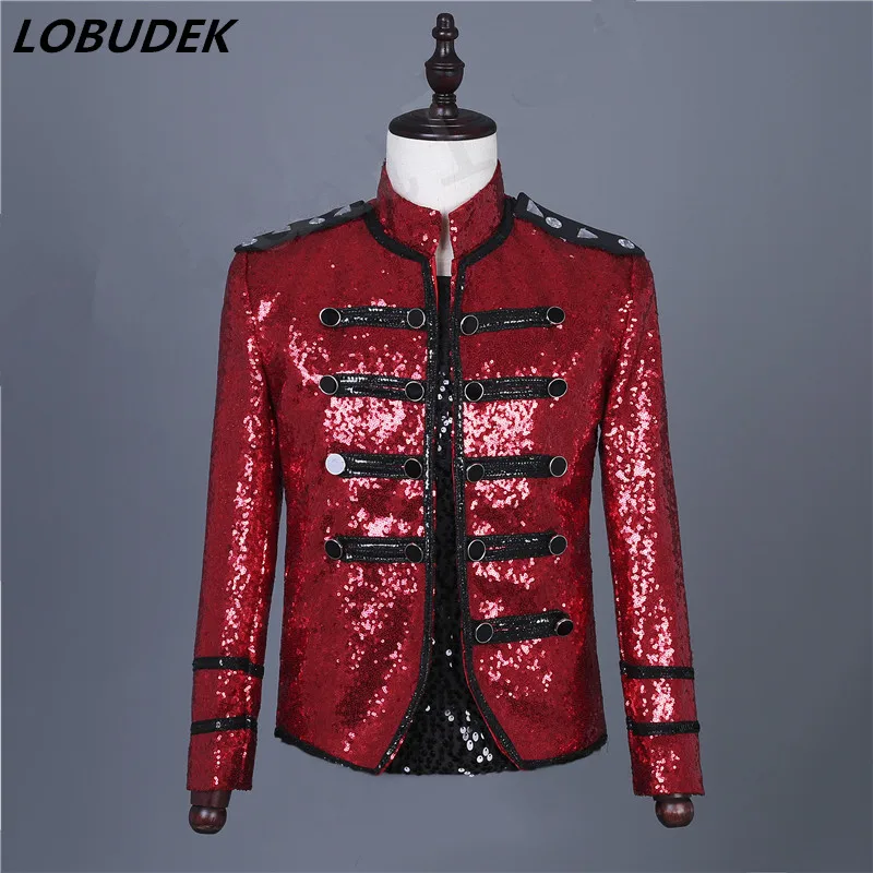 

Мужской костюм группы, красная куртка с блестками в стиле рок-ролл, двубортные приталенные куртки, Модный облегающий костюм для ночного клуба, одежда для диджея