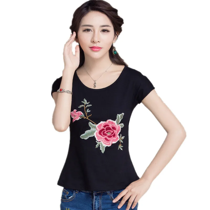 Женская летняя футболка с коротким рукавом и круглым вырезом|embroidery t-shirt|top teest shirt |