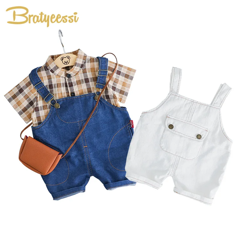 Summer Baby Boy Clothes Set Cotton Plaid Shirt Blouse and Overalls Kids Suit Infant Clothing Girl Outfit | Детская одежда и обувь