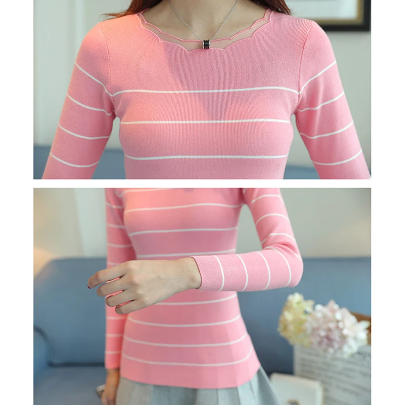 2018 New Autumn Women Sweater Pullovers Basic Tops Elastic force Slim O-neck Knit Casual stripe Long-Sleeve Sweaters Female | Женская