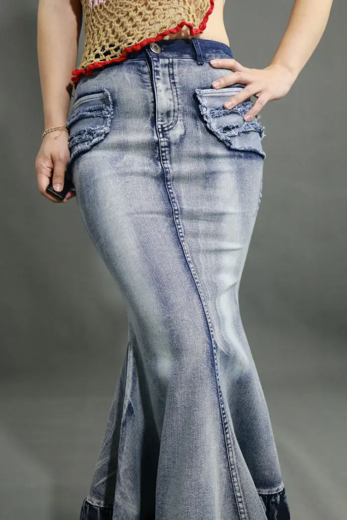 Женская длинная джинсовая юбка в пол юбка-годе стрейчевая винтажном стиле с