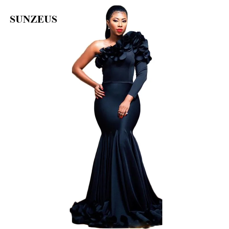 

Black Mermaid Formal Evening Dresses One Shoulder Long Sleeve African Evening Gowns Elegant Party Dress for Women vestidos festa