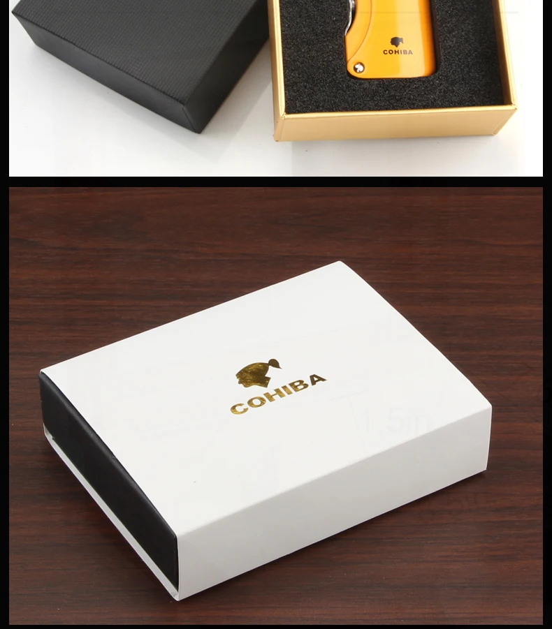 COHIBA зажигалки Металл ветрозащитный легкий газ бутан многоразового фонарь Jet Flame сигарет с питанием от прикуривателя с Встроенный сигары удар